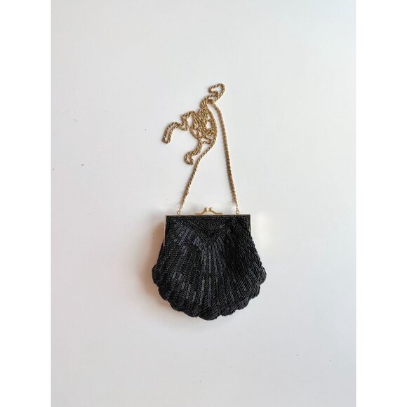 Vintage JENNY BUCHANAN Black Beaded Shell Kiss Lock Crossbody Evening Purse Bag - Picture 1 of 13